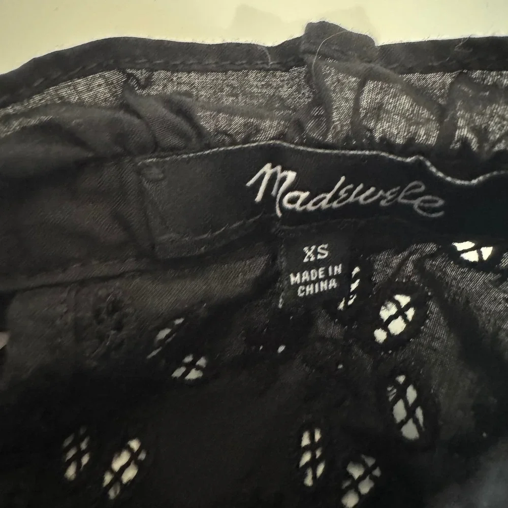 Madewell‎ Top Black Eyelet Ruffle Neck Long Sleeve Peasant Boho Full Coverage XS